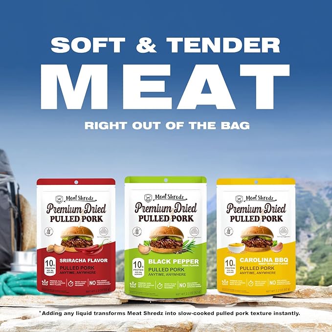 Meat Shredz - Premium Dried Pulled Pork (Sriracha Flavor, 1 Pack) | Gluten Free | High Protein & Low Sugar | Bacon Bits | Dehydrated Backpacking & Camping Food | Shredded, Dried Jerky Chew Snack