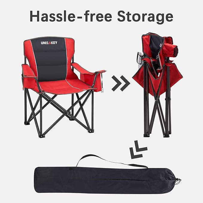 Oversized Folding Camping Chair for Adults - 450lbs Support - Heavy Duty Portable Lawn Chairs with Side Pocket Cup Holder Cooler Bag for Sports Garden Beach Fishing, Red
