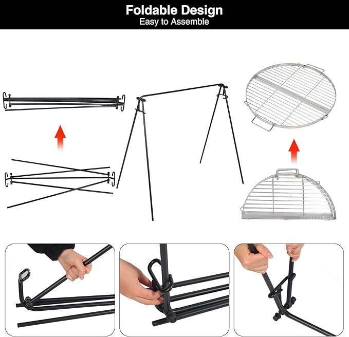 REDCAMP Swing Campfire Grill Stand - Collapsible Campfire Cooking Rack with 6 Hooks & Stainless Steel Grill Grate, Portable Dutch Oven Hanger for Outdoor Camping, Cookware, Bonfire, Round