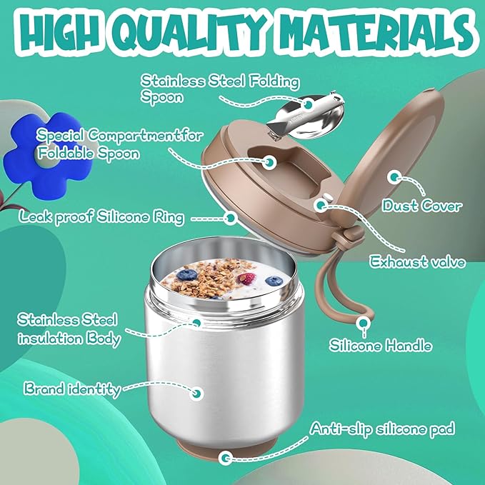 Thermo for Hot Food Kids - 15.2 Oz, Insulated Food Jar for Soup, Width Mouth Stainless Steel Insulated Lunch Container with Folding Spoon, Stainless Steel