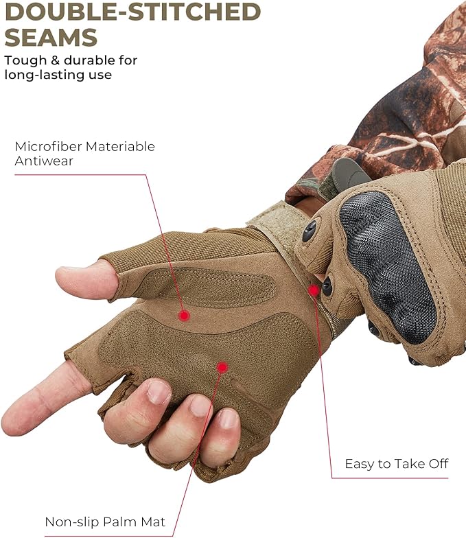 KEMIMOTO Fingerless Tactical Gloves for Men, Motorcycle Gloves for Outdoor Work Sports, Fingerless Cycling Gloves for Hunting Hiking Camping