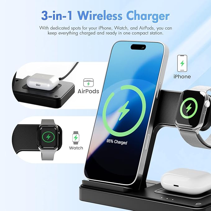 Wireless Charging Station for Apple Devices: 3 in 1 Foldable Qi Compact Case-Friendly Charger Stand for iPhone 17-12 & Apple Watch & AirPods Charging Dock for Travel Home Office Desk Nightstand(Black)