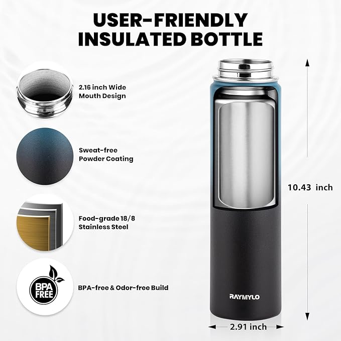 Insulated Water Bottle 24oz, Triple Wall Vacuum Stainless Steel (Cold for 48 Hrs, Hot for 24Hrs), Leak Proof & Non-BPA, 24oz Hydro Water Flask with Paracord Handle & Straw Spout Lids