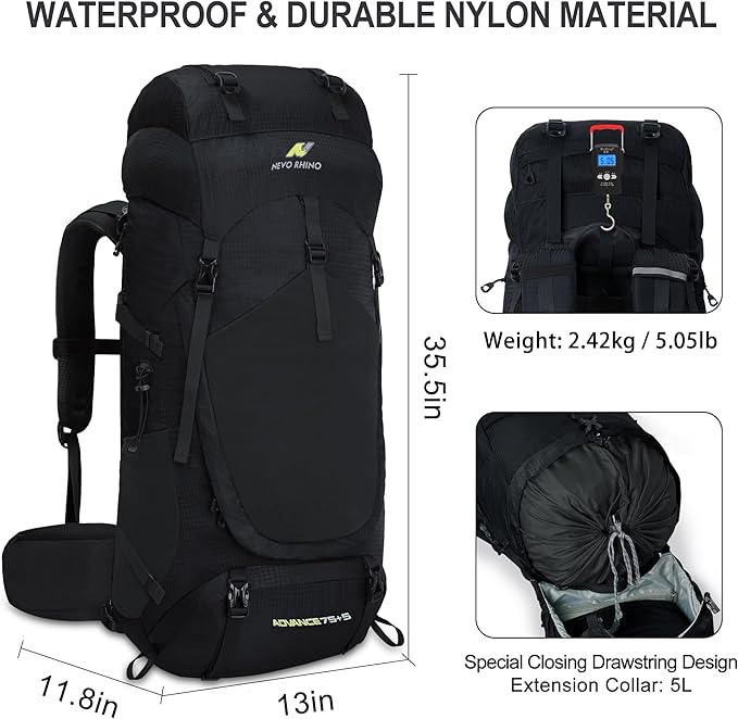 N NEVO RHINO Internal Frame Hiking Backpack 50/60/65/70/80L, Mountain Climbing Camping Backpack Daypack Waterproof Rain Cover