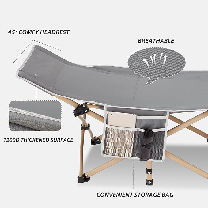 Folding Camping Cot for Sleeping, Portable Cots for Adults, Heavy Duty Cot Bed 550LBS(Max Load), Extra Wider Cots with Large Pocket for Outdoor, Office, Beach