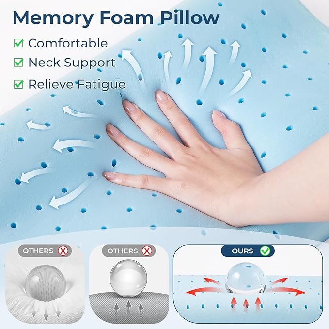 Travel Pillow Memory Foam Pillows, Ergonomic Wave Cervical Neck Pillow for Neck Pain Relief, Compressible Medium Firm Side Sleeper Pillow, Ideal for Camping, Office, Home & Bed (Green, M)