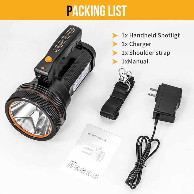 Rechargeable Searchlight Handheld LED Tactical Flashlight with Handle Spotlight High-Power Super Bright Torch with USB Output Torch (Black)