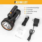 Rechargeable Searchlight Handheld LED Tactical Flashlight with Handle Spotlight High-Power Super Bright Torch with USB Output Torch (Black)