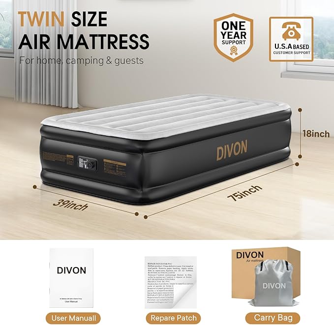 DIVON Twin Air Mattress with Built in Pump Raised,18” Inflatable Mattress with Wave Design,Blow Up Mattress in 2 Mins,Single Twin Size Air Mattress for Guest, Thicker AirBed,Colchon Inflable-330Lbs