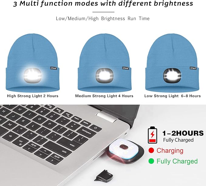 ATNKE LED Lighted Beanie Hat,USB Rechargeable 4 LED Running Headlamp Bright Cap with The Light Gifts for Men and Women