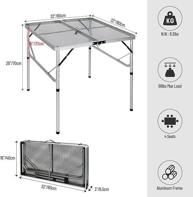 REDCAMP Folding Portable Grill Table for Outside, Lightweight Aluminum Metal Grill Stand Table for Camping Cooking BBQ RV Picnic,Easy to Assemble with Adjustable Heights Legs,Silver 32”x32”