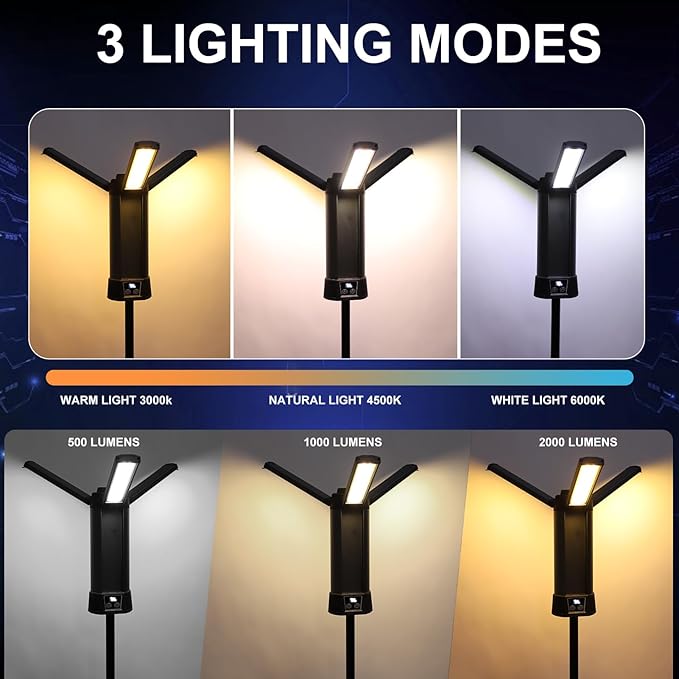 Rechargeable LED Work Light with Stand, 2000LM 3000/6000K Dimmable Cordless Work Light with 5 Lighting Modes and 3 Brightness, Portable Solar Job Site Lighting Kit