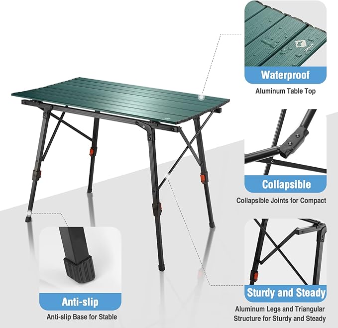 VILLEY Portable Camping Table with Adjustable Legs, Lightweight Aluminum Folding Beach Table with Carrying Bag for Outdoor Cooking, Picnic, Beach, Backyards, BBQ and Party