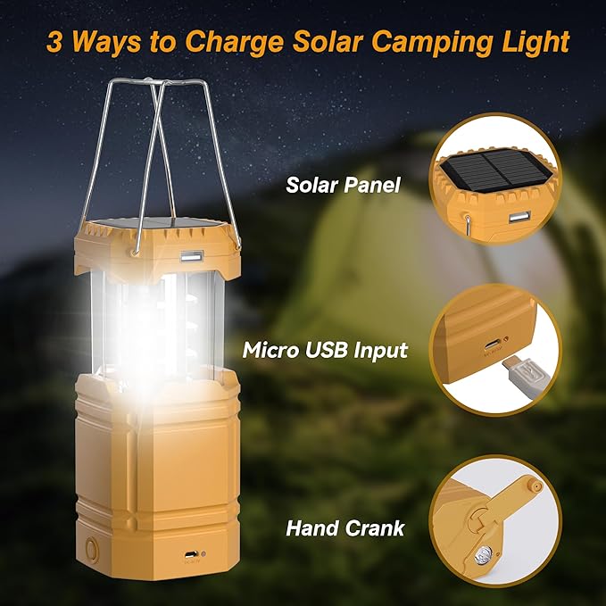3000mAh Large Capacity Hand Crank Solar Camping Lantern, Portable Ultra Bright LED Torch, 23-26 Hours Running Time, USB Charger, Electronic Lantern for Outdoor
