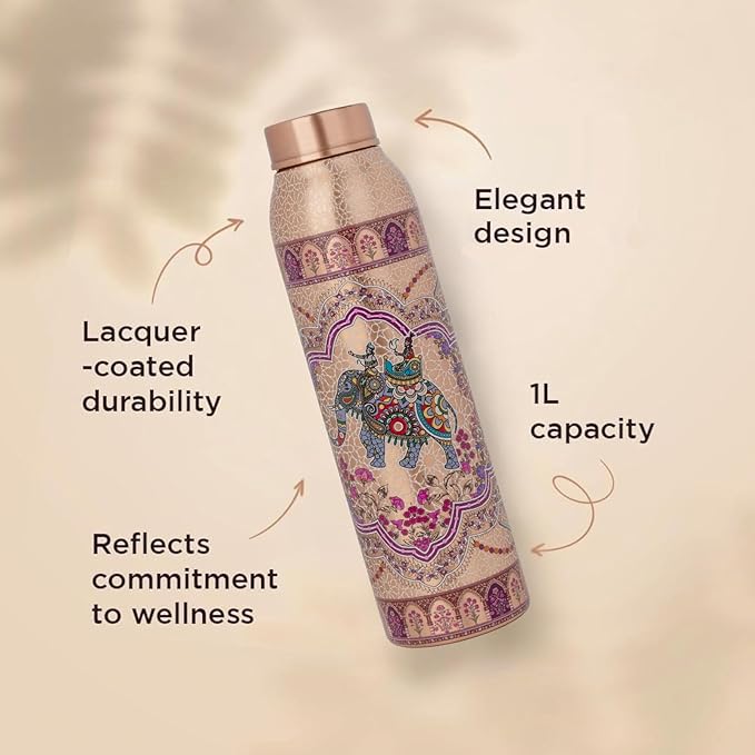 NORMAN JR Copper Water Bottle 1L - Ethnic UV Print, an Ayurvedic vessel made from pure copper - helps you drink more water, with many health benefits in Gift Box - Pack of 3