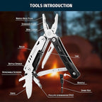 12-in-1 Multitool Pliers with Safety Lock, Fire Starter & Whistle, Stainless Steel Pocket Knife, Camping Multitool with Detachable Scissors for Outdoor Survival, EDC Gear