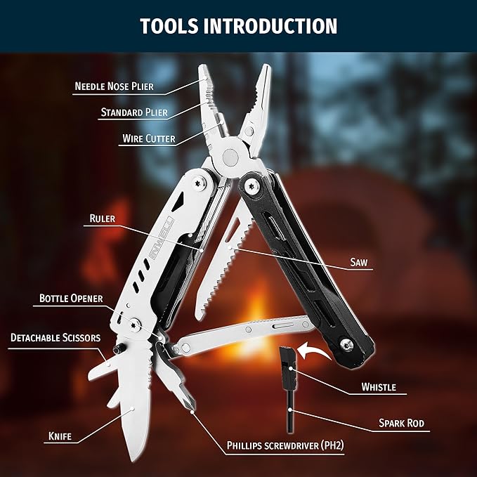 12-in-1 Multitool Pliers with Safety Lock, Fire Starter & Whistle, Stainless Steel Pocket Knife, Camping Multitool with Detachable Scissors for Outdoor Survival, EDC Gear