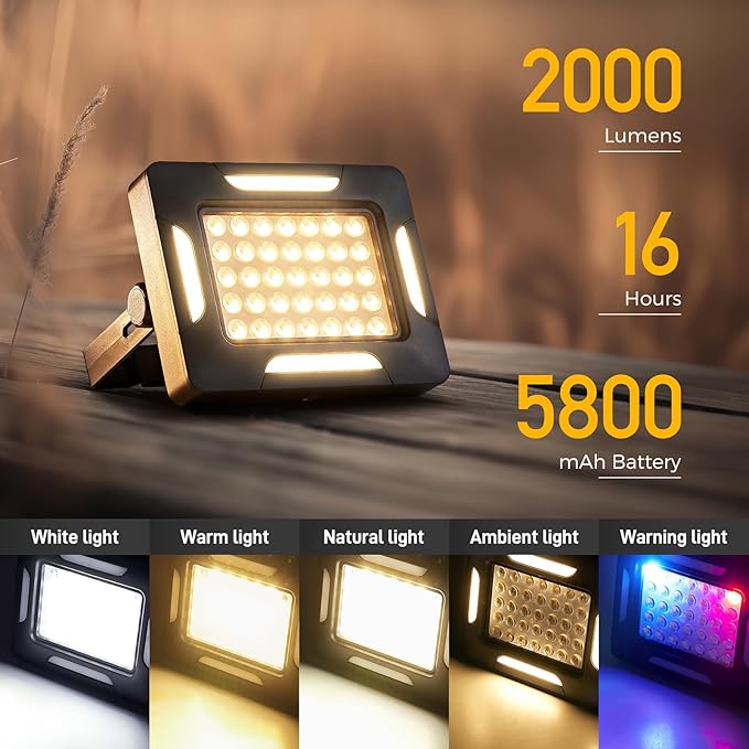 LED Solar Portable Camping Lights with Stand dimmable, 2000LM, Solar Rechargeable Work Lights with Magnetic，IP67 Waterproof, 5 Light Modes Portable Flood Light, Camping Lantern for Indoor Outdoor