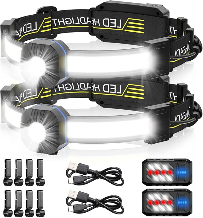 LED Headlamp, 1000lumens 230° Widebeam Headlight, USB Rechargeable HeadLamp with Red Taillight, Lightweight Waterproof Headband Light for Camping Running Hiking, Hard Hat Headlamp
