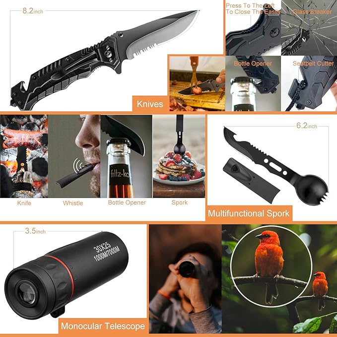 Survival Kit 34 in 1 Emergency Tactical Survival Gear Camping Tool Accessories Equipment Gifts for Men Christmas Stocking Stuffers Valentines Birthday Fathers Day for Dad Husband