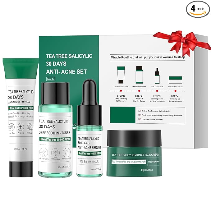 Tea Tree Salicylic Acid Facial Skin Care Set, Acne Treatment Skincare Set ,Skincare Mini Kit, Facial Kit Gifts for Women,Cleanser, Toner, Serum, Cream,Oil Control Facial Kit, Travel Size Set