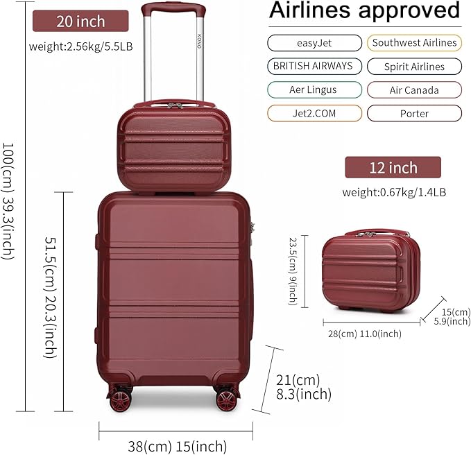 Kono Carry On Luggage Set Lightweight Airline Approved Carry On Suitcase with TSA Lock Spinner Wheels Durable Luggage Hardside Burgundy