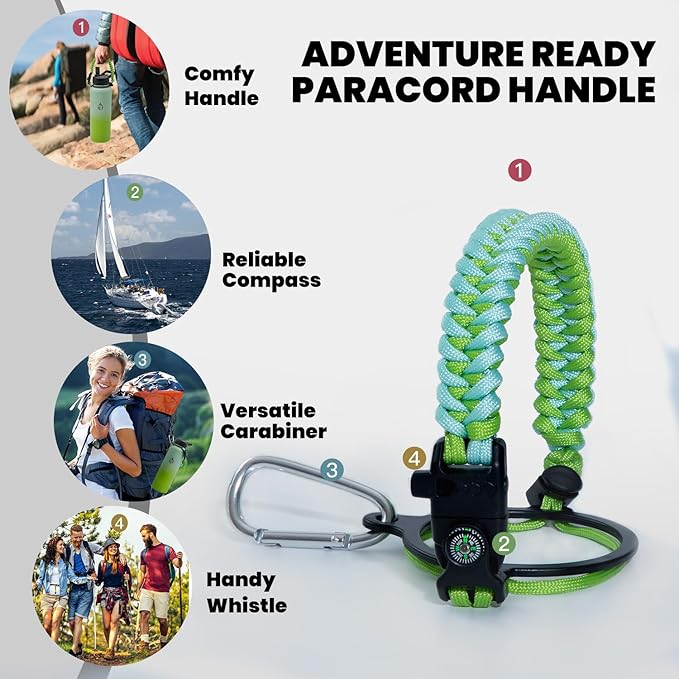 Insulated Water Bottle 40 oz, Triple Wall Vacuum Stainless Steel (Cold for 48 Hrs), Leak Proof & Non-BPA, Modern Water Flask Jug with Paracord Handle & Straw Spout Lids, Ombre Green