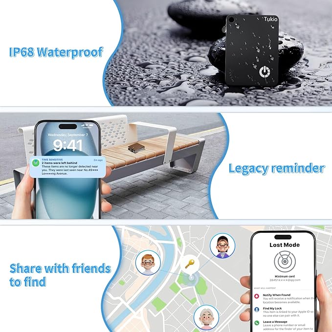 Smart Card (Black) 2 Pack, Smart Wallet Tracker Card Compatible with Apple Find My (iOS only), Bluetooth Tracker with Wireless Charging, IP68 Waterproof Finder, Item Finder with Key Ring/Nylon Lanyard