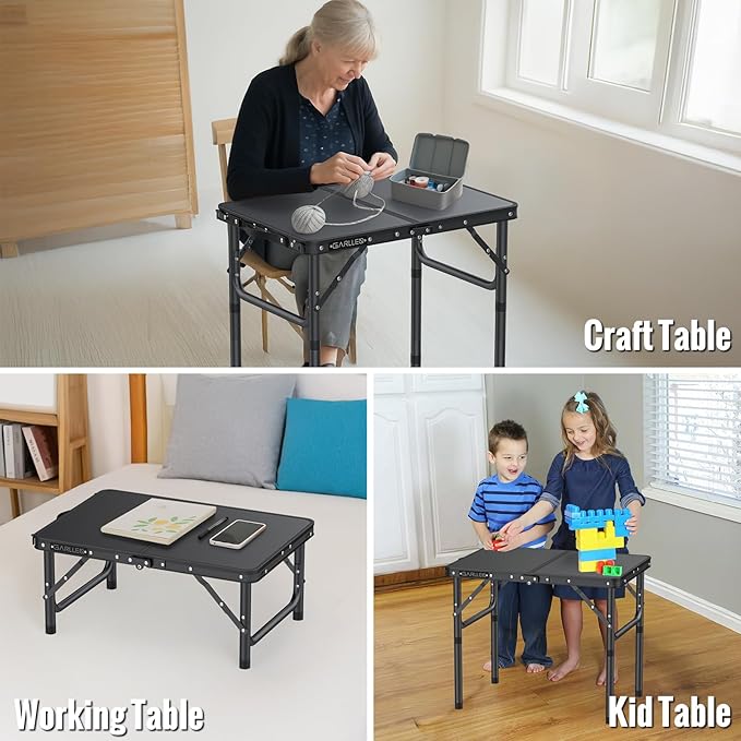GARLLEN 2ft Folding Camping Table, 3 Adjustable Height Lightweight Folded Picnic Table, Portable Aluminum Grill Table for Camping, BBQ, Outdoor, 22.8" L x 15.7" W, Black