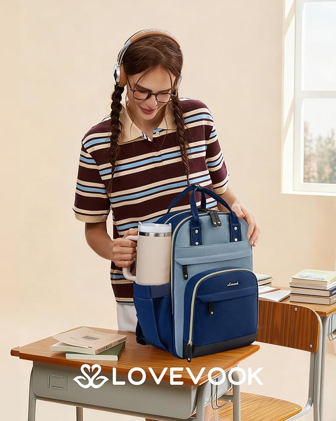 LOVEVOOK Laptop Backpack Women with Giant Tumbler Holder,15.6 inch Work Travel Backpack Computer Laptop Bag,Cute College Nurse Teacher Backpack Purse,Gift for Women & Men,Indigo blue-Mint green-Indigo