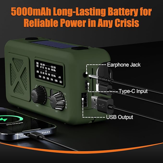 Emergency Radio Hand Crank Solar, 5000mAh/18500mWh Emergency Weather Radio, Hand Crank Solar Radios with NOAA/AM/FM, Cell Phone Charger, Headphone Jack, Flashlight for Indoor Outdoor