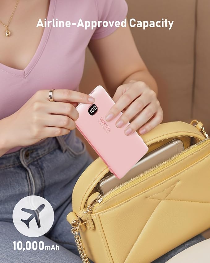 Portable Charger Power Bank Built in Cables and Wall Plug, 10000mAh iPhone Battery Pack Fast Charging, USB C External Slim Power Bank, Travel Essentials Compatible with iPhone 16 15 14 13 iPad, Pink