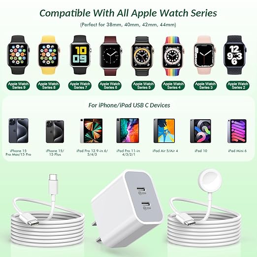 Super Fast Charger for Apple Watch & iPhone, 40W Dual USB C Port Fast Charger Adapter with 6 FT Long Apple iWatch Cable, 6 FT USB C to C Cord Compatible with Apple Watch Series 9/8/7/SE/6/5, iPhone 15