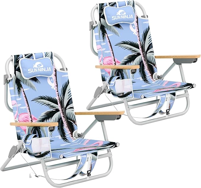 SUN NINJA Beach Chair – Folding Chair for Beach with 5 Reclining Positions, Cup & Phone Holder, Insulated Back Storage Pouch, Portable Lightweight Aluminum Frame - Flamingo 2pc