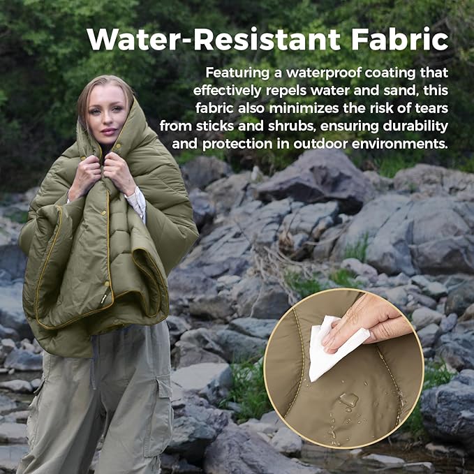 KingCamp Ultralight Camping Blanket, Packable Down Alternative Puffy Wearable Blankets Weatherproof Warm Package Quilt with Snap Buttons & Corner Loops for Outdoor Travel Stadium (69"L x 53"W, GREEN)