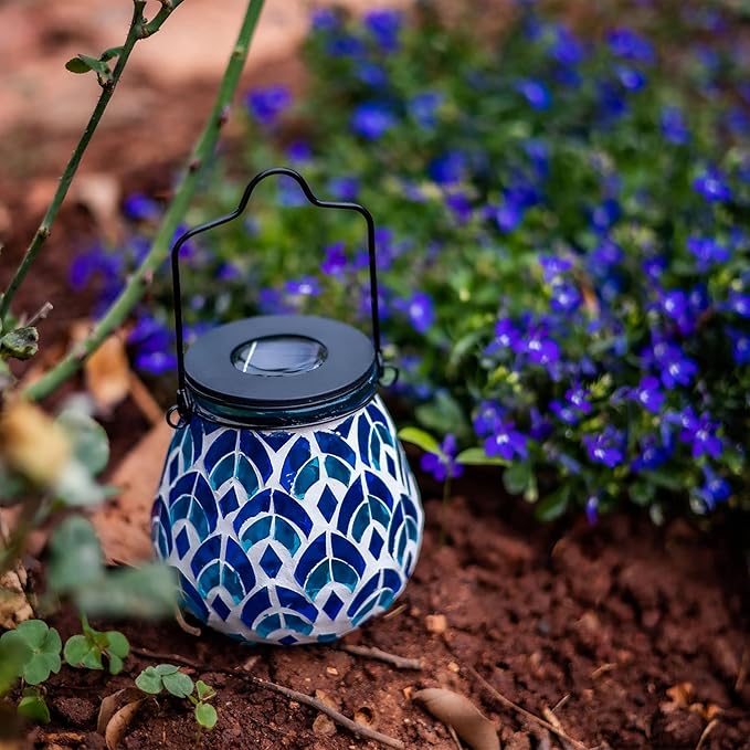 Afirst Mosaic Solar Lanterns - Glass Hanging Lights Hollow Out Waterproof Outdoor Decorative for Garden, Patio, Holiday Party Outdoor Decoration, 1 Pack
