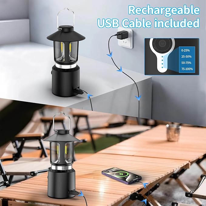 Retro Classic LED Camping Lantern, Rechargeable Stepless Dimming Vintage Lantern, 3 Light Modes (2000K-6500K), 8000mAh Power Bank, Bright Hanging Tent Light for Indoor & Outdoor, Hiking, Camp