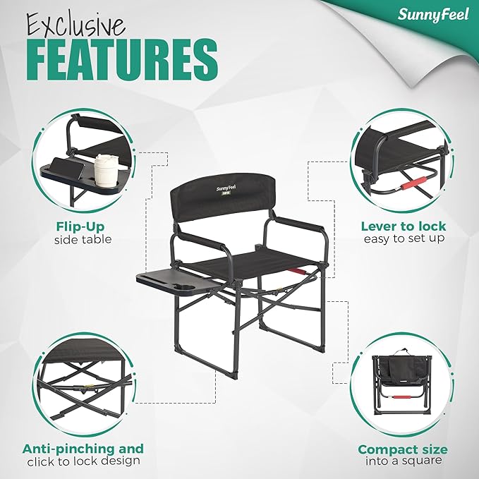 SUNNYFEEL Camping Directors Chair, Heavy Duty,Oversized Portable Folding Chair with Side Table, Pocket for Beach, Fishing,Trip,Picnic,Lawn,Concert Outdoor Foldable Camp Chairs