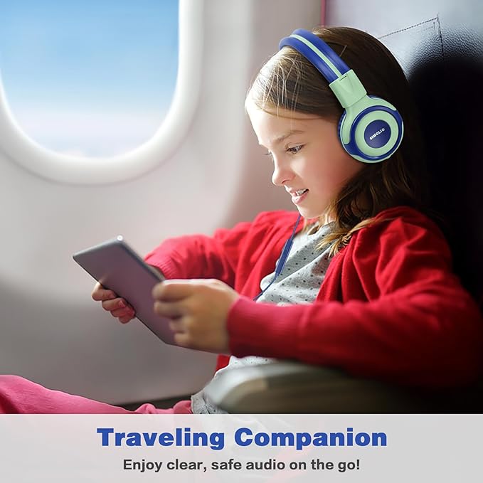 SIMOLIO Kids Headphones for School, Safe Volume Limiter Headphone with Microphone, Adjustable Sturdy & Foldable, Stereo Wired Headsets for Child, Toddler, Boys, Girls, Online Course (Green)