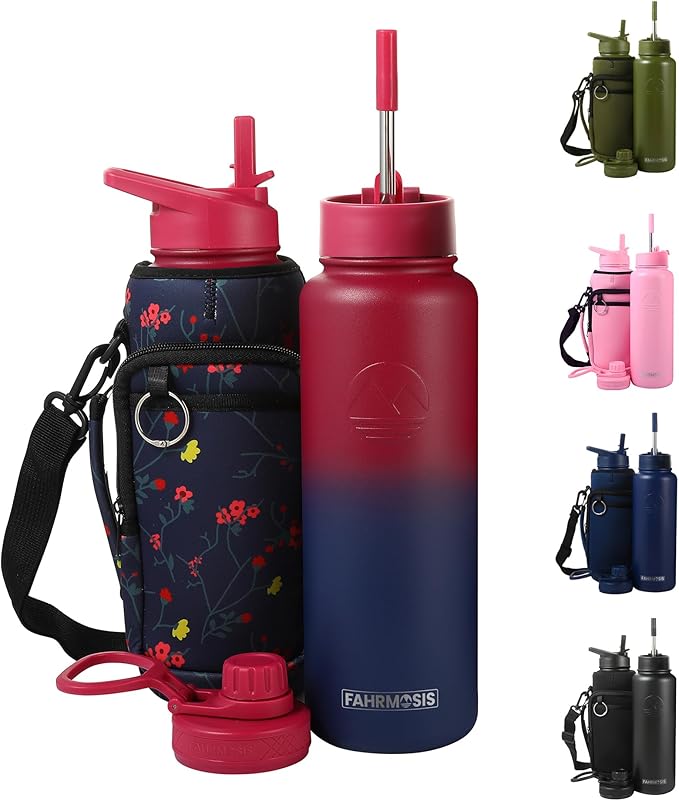 40 Oz Water Bottle with Strap Stainless Steel Sports Water Bottle with 3 Lids (Straw, Chug and Flip Lid) Insulated Leak Proof Metal Jug for Men & Women - Red Fusion