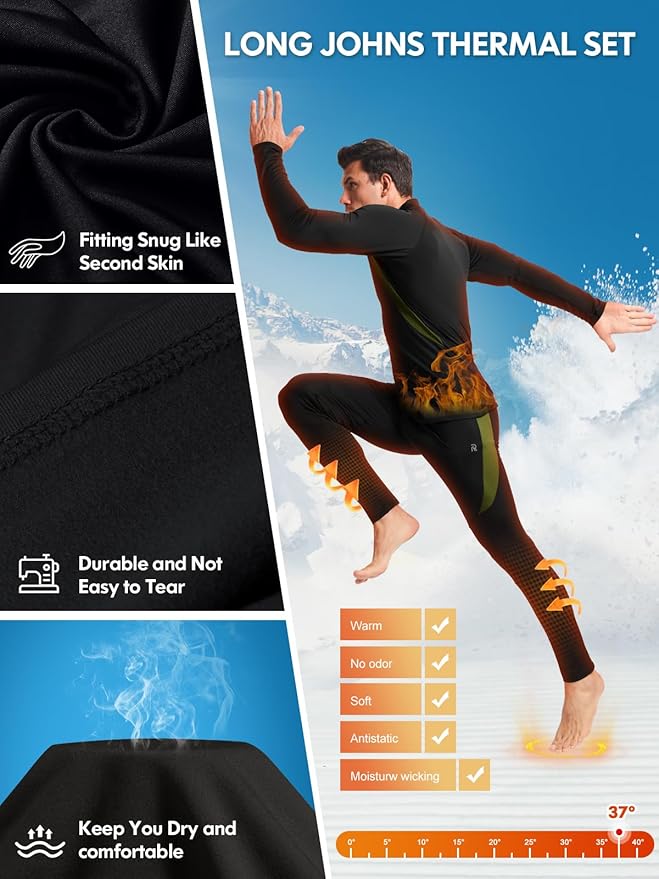 romision Thermal Underwear for Men Long Johns Fleece Lined Hunting Gear Bottom Top Set Base Layer for Cold Weather Gift