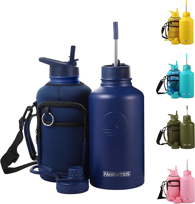 64 Oz Insulated Water Bottle with Strap Stainless Steel Sports Water Bottle with 3 Lids (Straw, Chug and Flip Lid) Leak Proof Metal Half Gallon Jug for Men & Women - Navy Blue