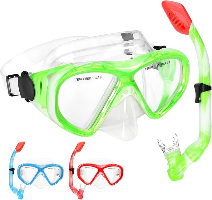 Kids Snorkel Set Dry Top Snorkeling Gear for Kids Youth Boys Girls Junior Age 5-15,Tempered Glass Swimming Diving Mask and Snorkel Set 180 Degree Panoramic View