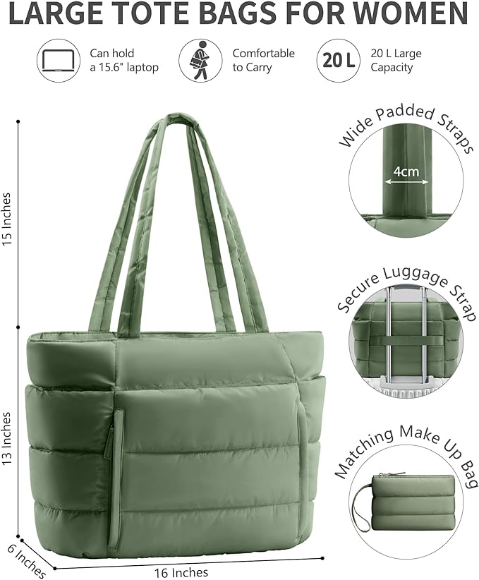 Puffer Tote Bag for Women, Lightweight Puffy Work Handbag Teacher Nurse Quilted Shoulder Bag for School Travel Gym