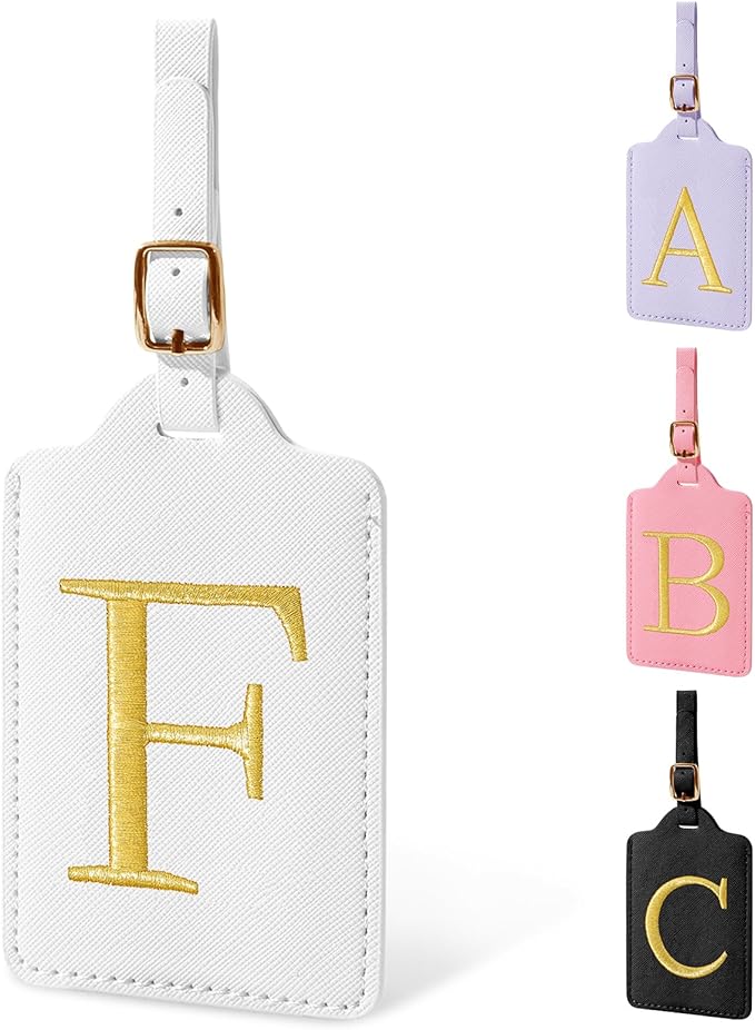 Personalized Initial Luggage Tags for Suitcase TSA Approved, White Leather Cute Luggage Tag with Privacy Cover Name Card, Embroidered Custom Luggage Tags Travel Baggage Tags Gifts for Women Kids(F)