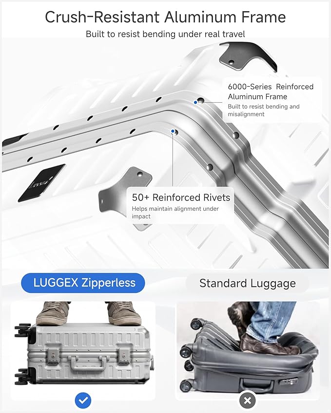 Checked Luggage with Spinner Wheels, 8010S Aluminum Frame Zipperless Polycarbonate Hard Shell Suitcase (ZX-Core, Silver, 24 Inch)