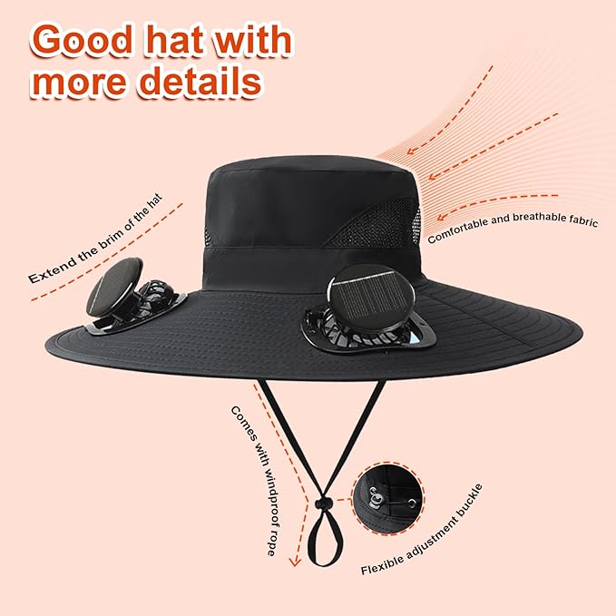Solar Fan Hat with Removable Dual Fans – Wide Brim Cooling Cap with USB & Solar Charging, 3-Speed Adjustable, Black, One Size for Men & Women