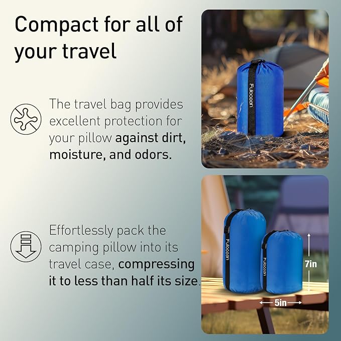 Travel & Camping Cooling Memory Foam Pillow for Backpacking &Airplanes &Beach, Medium Firm Small Camp Bed Pillow for Car Sleeping,Toddler, Breathable Washable Cover, Neck Support Portable Compressible