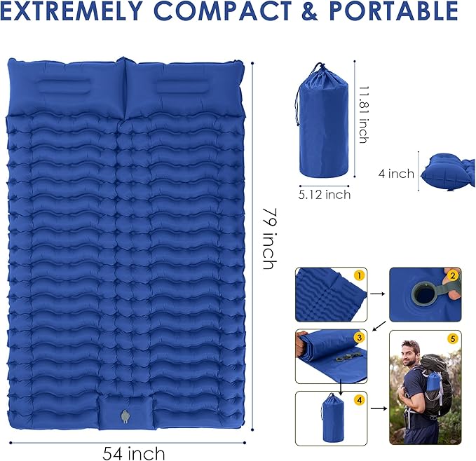 GIGART Double Sleeping Pad for Camping, Portable 4" Extra-Thick Camping Cots for Adults with Pillows & Built-in Foot Pump, Ultralight Camping Mattress for Tent Hiking Essentials Gear (Blue, Double)