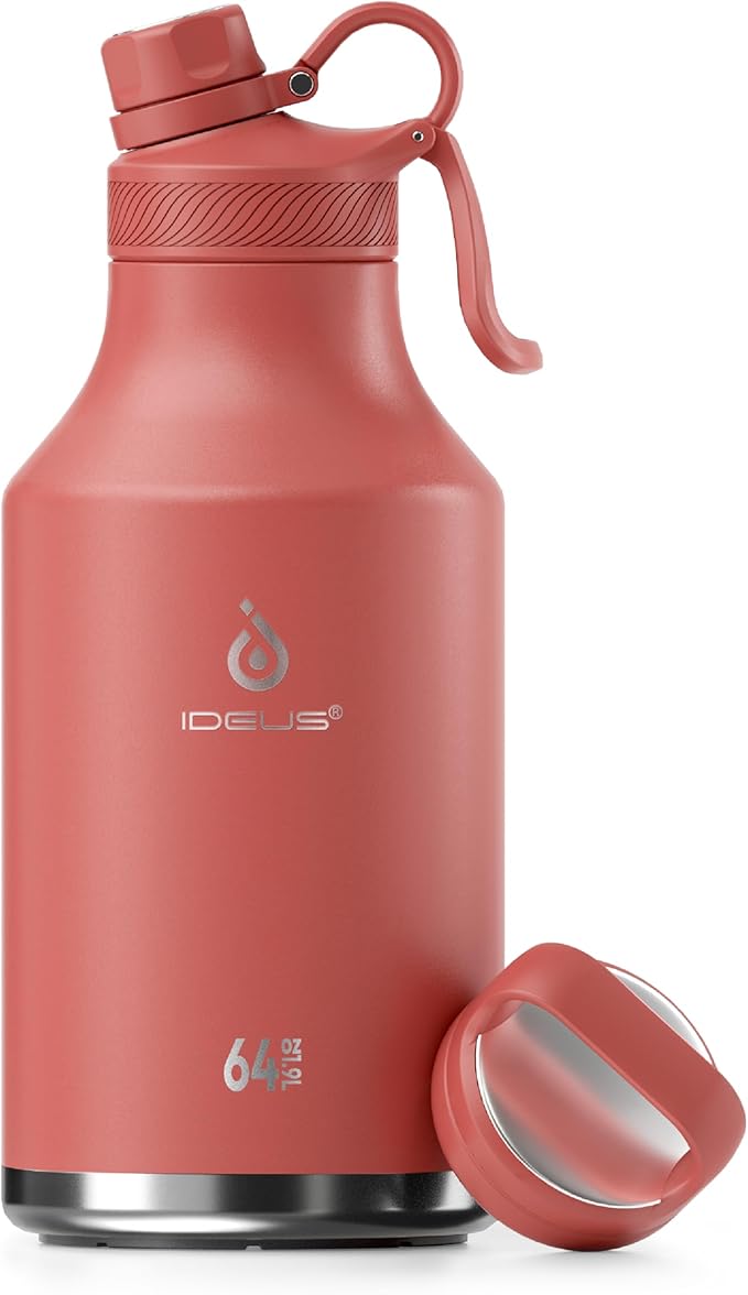 IDEUS Insulated Stainless Steel Water Bottle with 2 Leak-Proof Lids, Thermal Water Flask for Hiking Biking, 64oz, Red